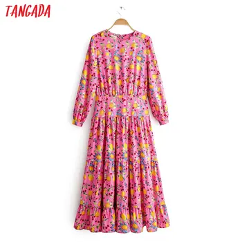 

Tangada fashion women pink flowers print dress pleated o neck Long Sleeve Ladies midi Dress Vestidos 1F17