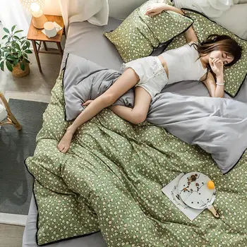 

Bonenjoy Green Color Duvet Cover Bed Sheet Pillowcase With Printed Purfle Set Floral Queen Ropa Linen Double Bed Cama De Bed