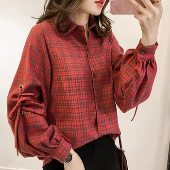 

2019 Women Turn-down Collar Outerwear Lace Up Blouse Tops Autumn Ladies Casual Long Sleeve Plaid Shirt