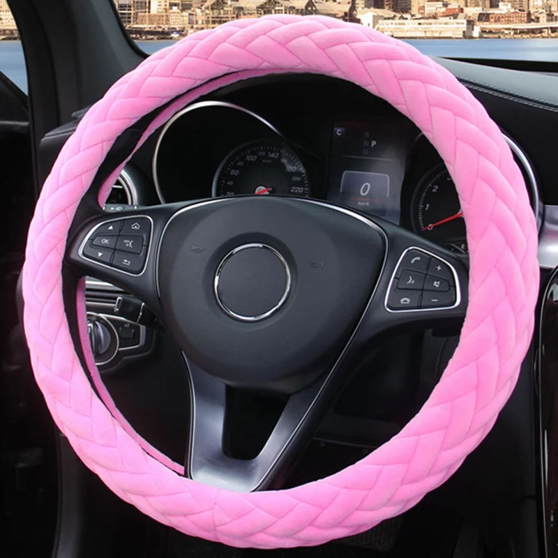 

Soft Warm Plush Weave Covers Car Steering Wheel Cover Car-styling Pearl Velvet Auto Decoration Winter Pink Black Anti-slip