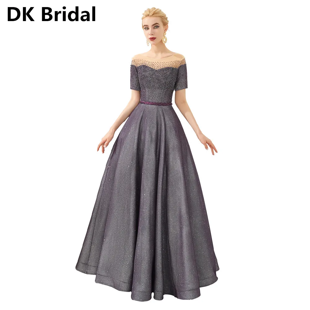 Glanzend Moeder Van De Bruid Jurken Elegante A-lijn Scoop Korte Mouwen Lange Wedding Party Jurken vestido de madrinha Glanzend Moeder Van De Bruid Jurken Elegante A-lijn Scoop Korte Mouwen Lange Wedding Party Jurken vestido de madrinha