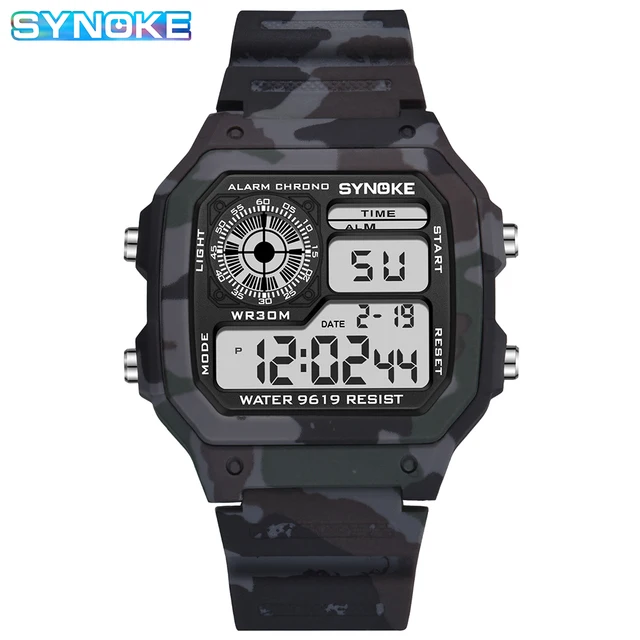SYNOKE-reloj Digital para hombre, pulsera de camuflaje verde militar, resistente al agua, deportivo, electrónico, con pantalla LED, despertador 3