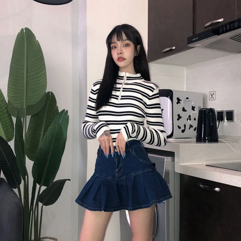 Lychee Harajuku, женская укороченная футболка с кольцом на молнии и стоячим воротником, топ в полоску, женские трикотажные футболки, тонкие осенние женские короткие футболки, топы