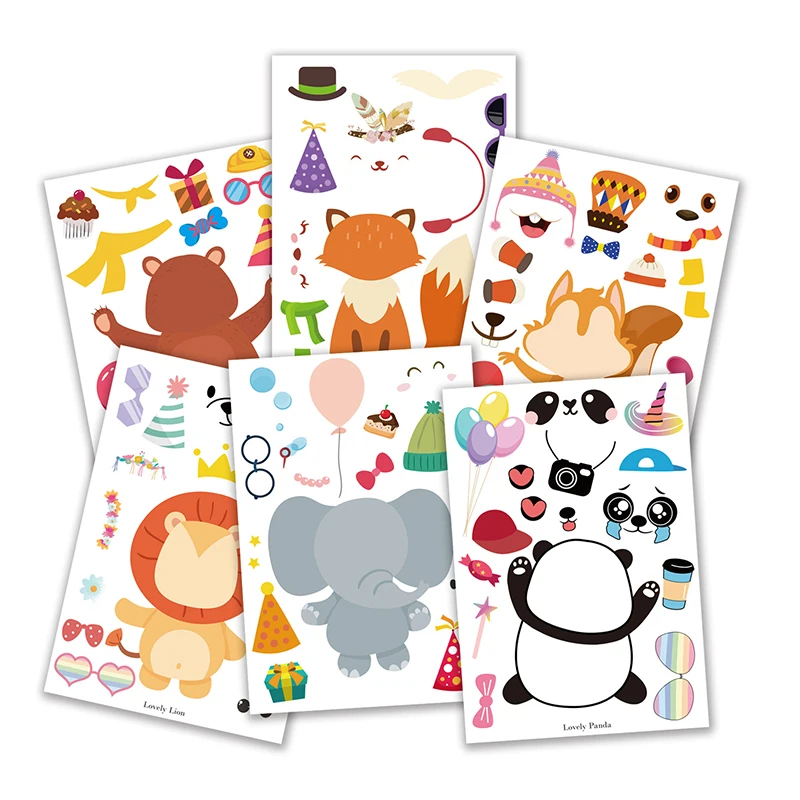6 hojas de pegatinas con dibujos animados de animales para niños, pegatinas con dibujos animados de animales, DIY, hacer tu propia pegatina, fiesta de cumpleaños, suministros para juegos
