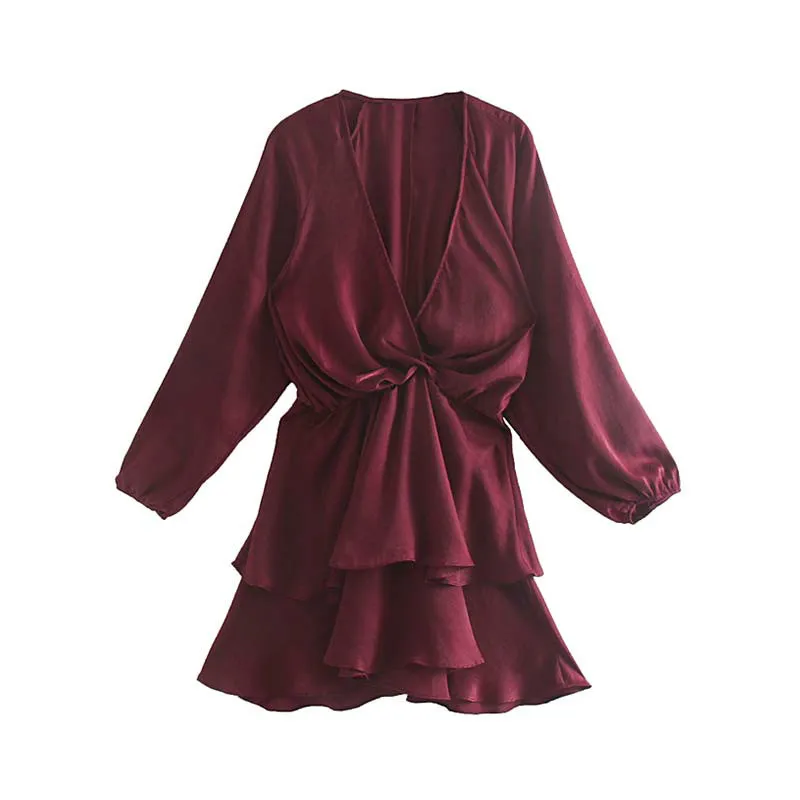 

Vintage Women Mini Dress Regular Retro Solid V Neck Long Sleeve Women Clothes Elastic Waist Casual Elegant Solid Loose Dresses