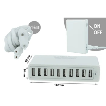 

LEDLUX CV8002 power supply USB wall charger 5V 10A 50W 10 outputs Port Smart intelligent charging white color with