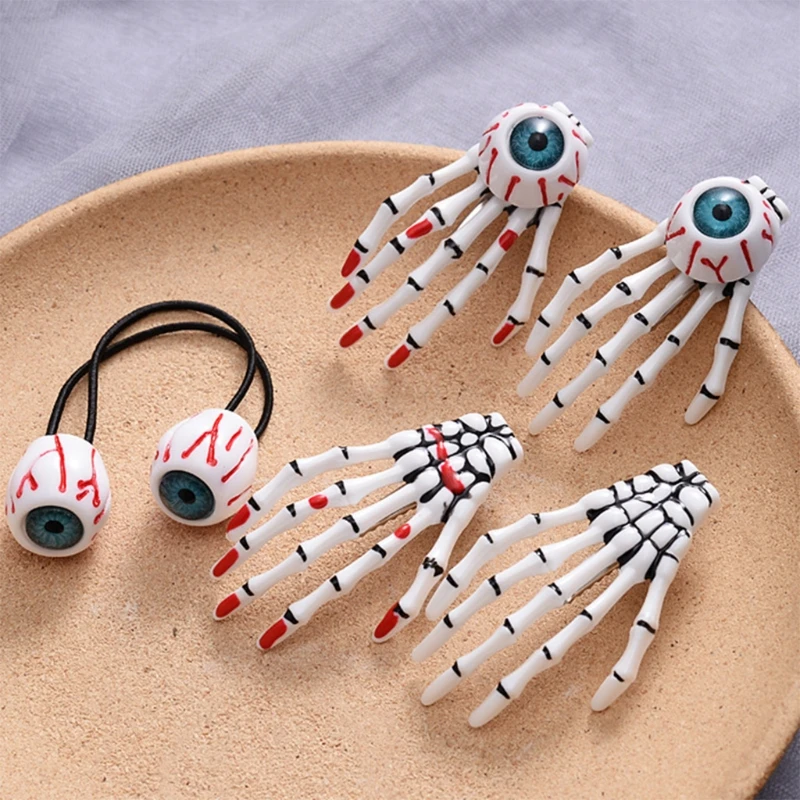 

Fake Eyeball Hair Ties Skeleton Hand Bone Hair Side Clips Halloween Hair Grips Ponytail Decor Cosplay Hair Barrettes