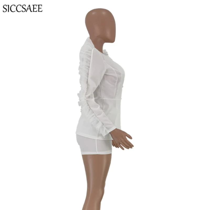 Mesh Ruched Ruffles Deep V Neck Blazer And Shorts Sets Elegant Two Piece Set Sexy Conjunto Feminino Short E Blusa Bodysuit Solid