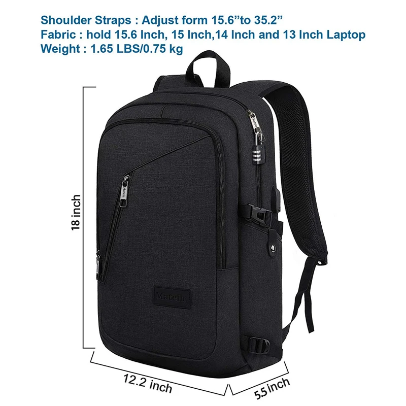 Matein рюкзак для ноутбука с защитой от кражи 25л, 15,6 дюймов, мужской рюкзак, черный женский рюкзак, Mochila, сумка для ноутбука, Женский Мужской школьный рюкзак