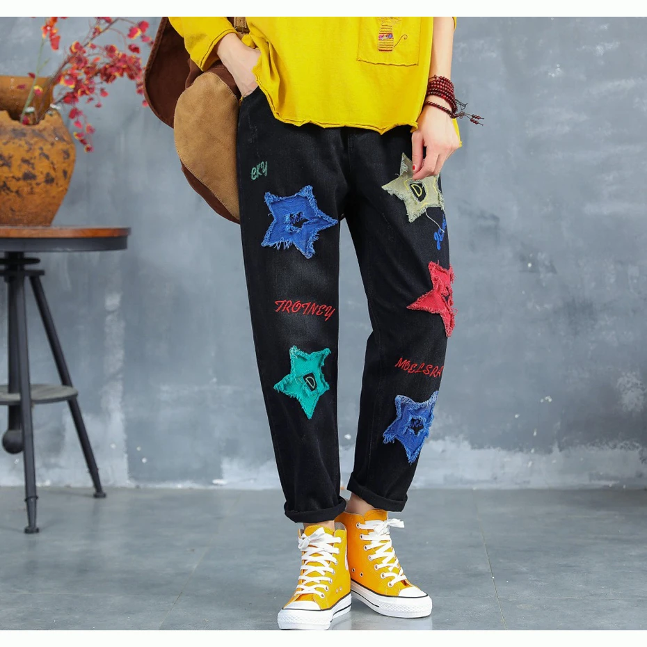 Women Big Jeans Denim Pants Joggers Cute Sweet Fashion Casual Long Loose Oversized Patched Stars for Autumn AZ13233717