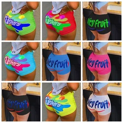 Shorts de moda feminino, shorts com letras coloridas, com elástico de cintura alta, para moças, lanches doces grandes