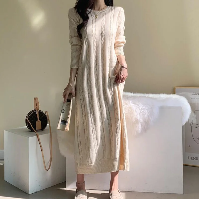 

New 2020 Autumn Winter Women Dresses Knitted Vintage Elegant Split Straight Korean Solid Lady Long Dresses CL725