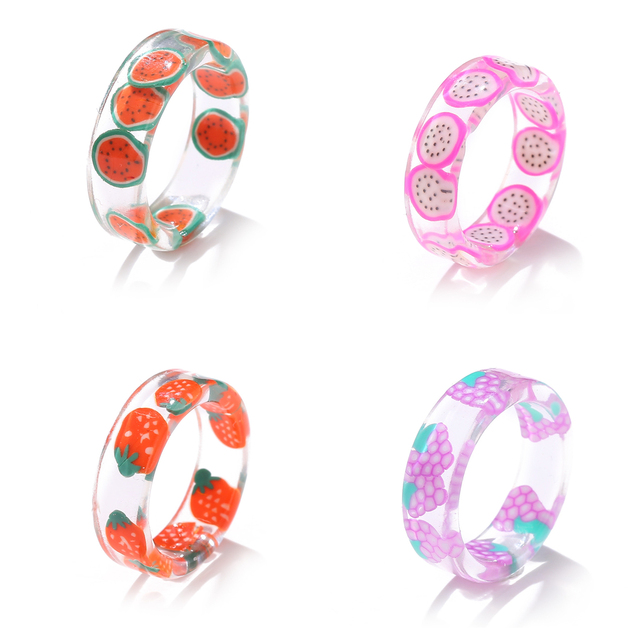 Style Transparent Colorful Fashion Resin Fruit Ring Set Sweet Temperament Acrylic Rings for Women Party Jewelry Friends Gift