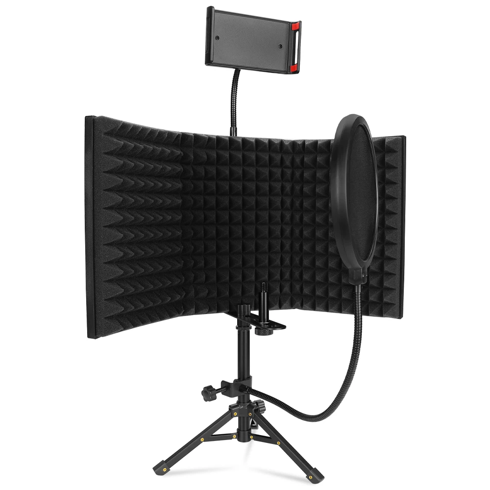 Microphone Isolation Shield with Tripod High Density Foam Wind Screen Foldable Isolation Cover for Microphone Recording bluetooth microphone