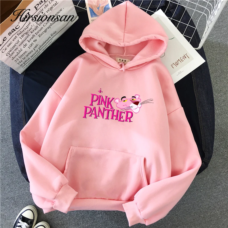 

Hirsionsan Kawaii Hoodie Women Selfie Pink Panther Print Sweatshirt Pocket Couple Pullover Korean Oversized Warm embroidery Top