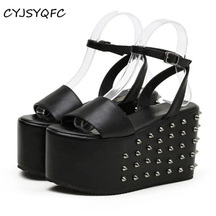 

CYJSYQFC Summer Fashion Rivets Gothic Style Women Sandals Peep Toe Thick Bottom Belt Buckel High Heels Ladies Demonia Shoes