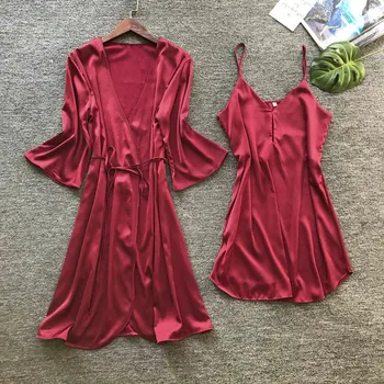 

Sleepwear Women Robe Gown Sets Silk Bathrobe + Night Dress Solid Dress Sleepwear Two Piece Nightdress Womens Sleep Set Sleepwear