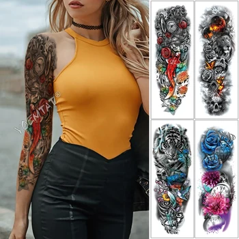 

Large Arm Sleeve Tattoo Japanese Carp Clock Star Waterproof Temporary Fake Tatoo Sticker Skull Lotus Wave Men Women Full Tatto