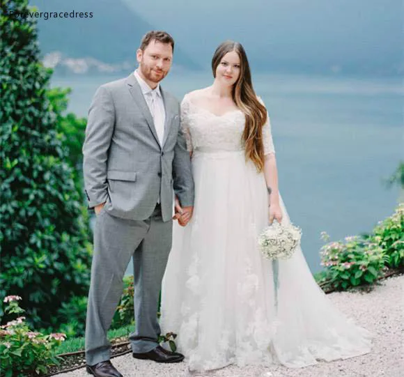

2019 Half Sleeves V Neck Wedding Dress Noble Lace Appliques Country Garden Bride Bridal Gown Custom Made Plus Size
