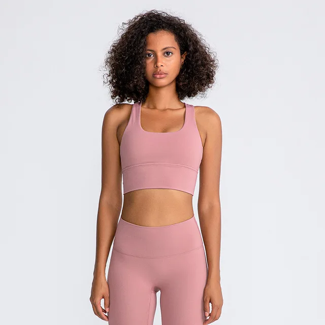 Lulu High Quality Fitness Bra Women Gym Tank Top Butter Soft  Cross Back Yoga Vest Athletic High Impact Brassiere With Chest Pad Mocha powder