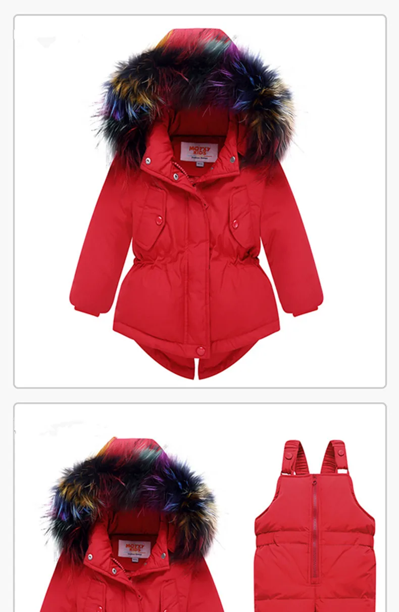 Зимний теплый пуховик комплекты одежды для девочек Одежда для маленьких мальчиков пуховые пальто+ комбинезоны детский зимний костюм для девочек