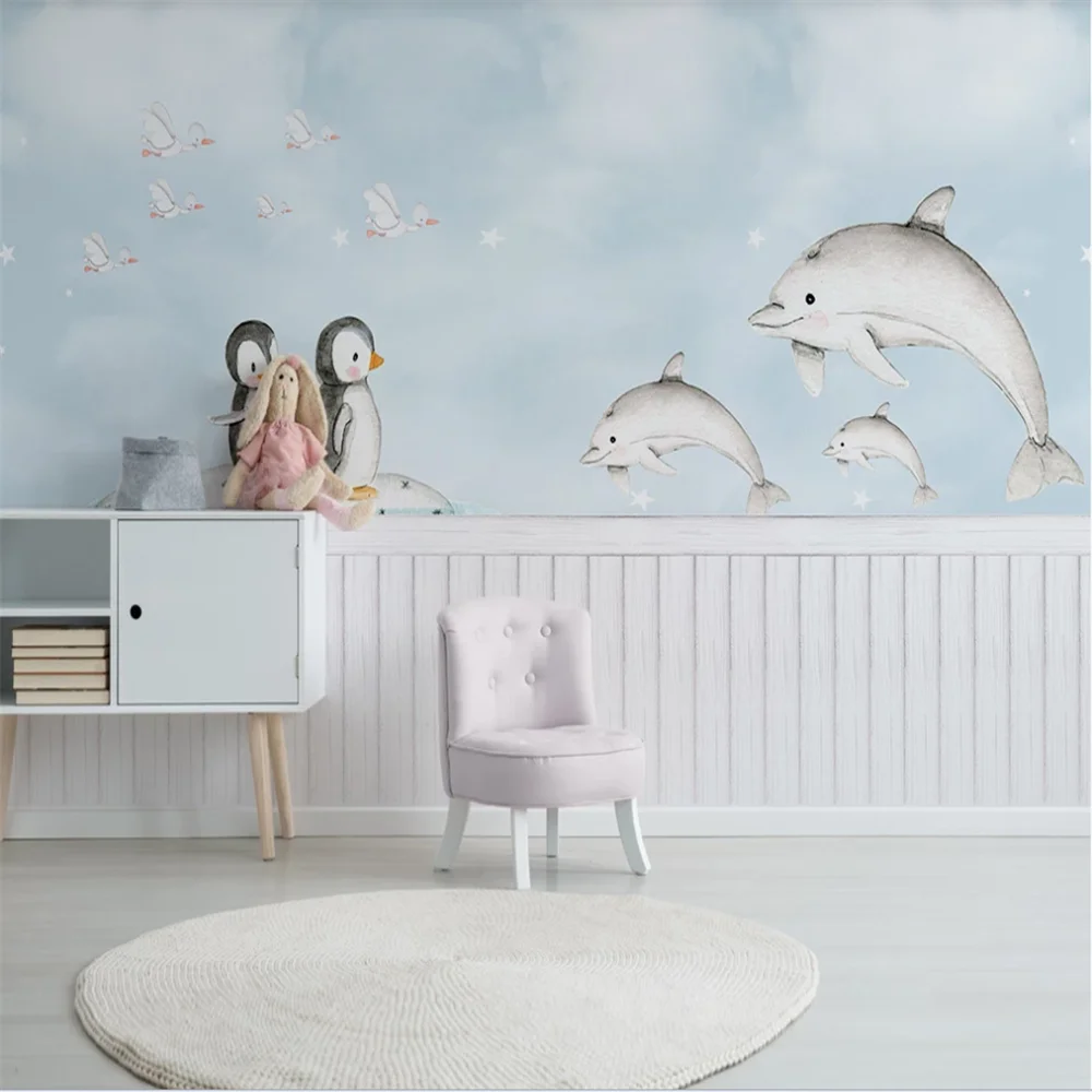 XUE SU Customized large mural wallpaper Nordic simple hand-painted whale penguin children's room background wall wall covering