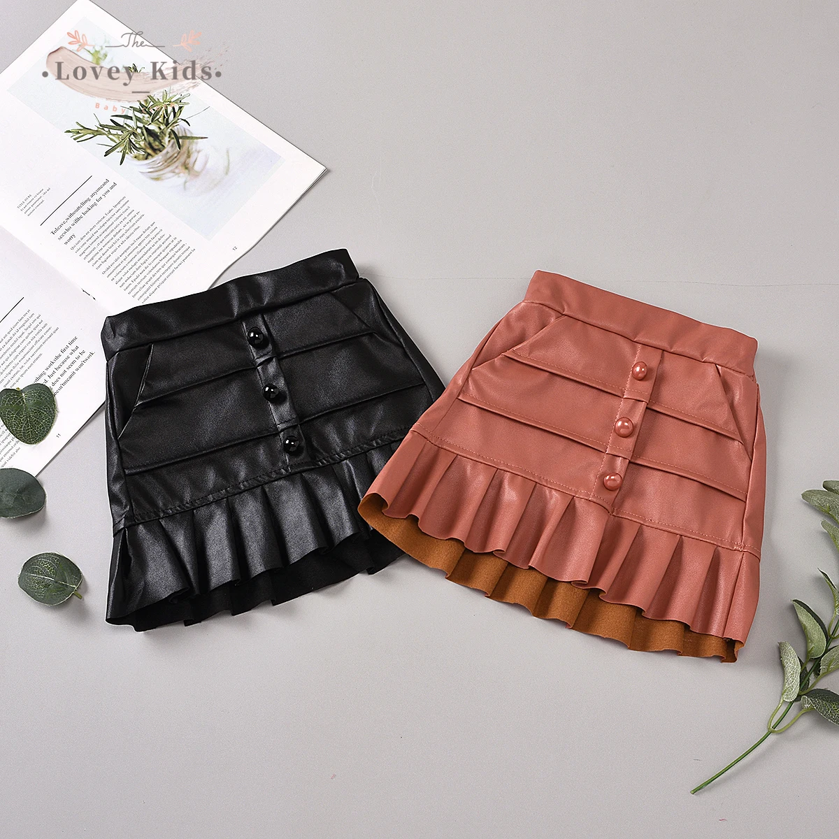 

2020 Toddler Baby Girl Autumn Winter Sweet PU Leather Skirt Mini Ruffle Pockets A-line High Waist Pink Black Costume