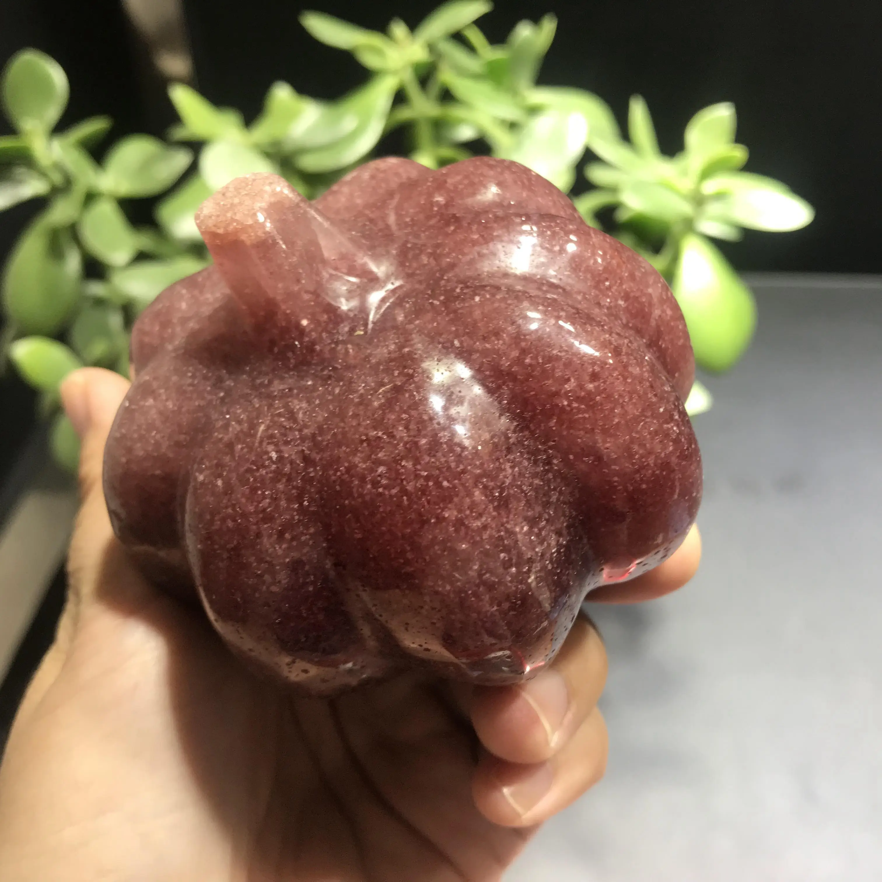 About 500g natural hand carving pink strawberry quartz pumpkin craft for Halloween