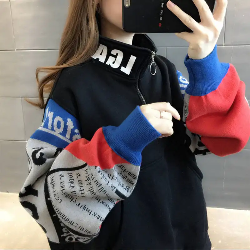 Oversize Turtleneck Printed Women's Hoodies Plus Velvet Sweatshirt Lady Autumn Harajuku Patchwork Warm Pullovers Hoodie Female | Женская