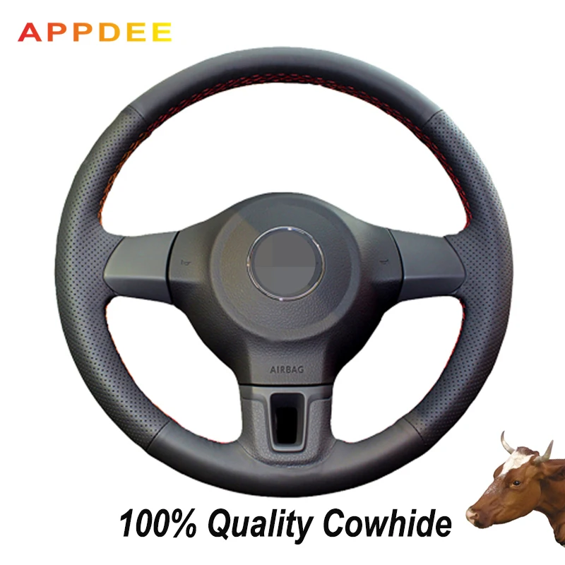 APPDEE Black Genuine Leather Car Steering Wheel Cover for Volkswagen Golf 6 Mk6 VW Polo MK5 2010 2012 2013 | Автомобили и
