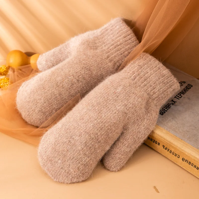 New Women Winter Keep Warm Plus Cashmere Thicken Solid Elasticity Soft Full Fingers Wool Knitting Mittens Gloves Cute Lovely