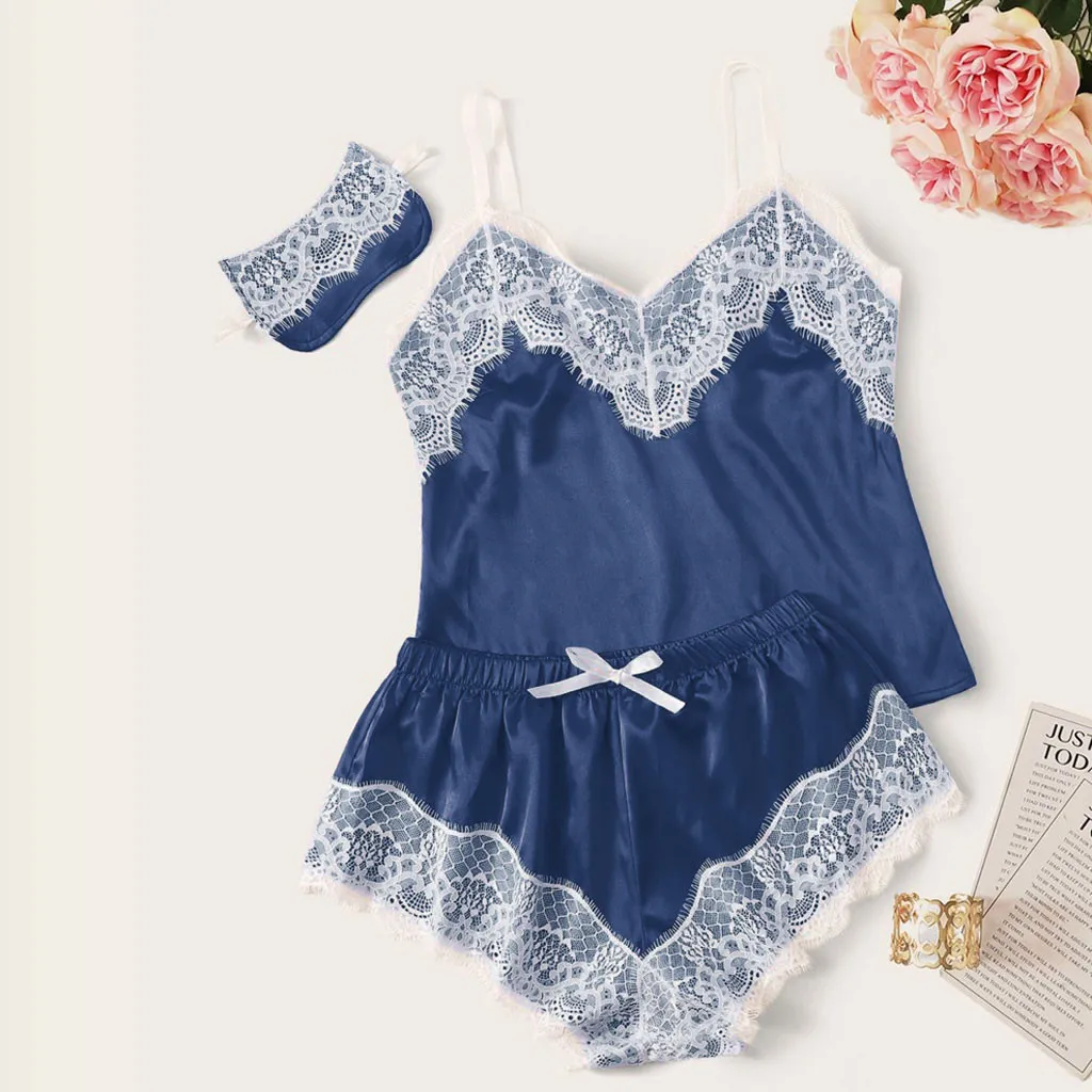 Lingerie Sexy Bra Set Women's Sleepwear Sleeveless Strap Lace Trim Satin Cami Tops Pajama Sets Bras Women Brief Sets