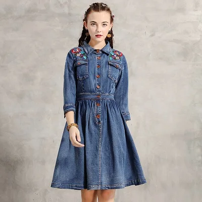 Женское платье Yuzi. may Boho новые джинсовые женские платья с отложным воротником Цветочная вышивка А-силуэта Vestidos A4917 - Цвет: Синий