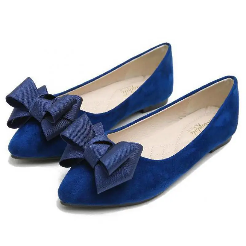 

Womans Satin Bow Suede Pointed Toe Ballet Flats Slip On Loafers Boat Shoes Women Breathable Comfortable Blue Flat Ballerina Shoe