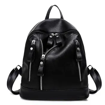 

Black Women Zipper Backpack Ladies Fashion Korean Style Casual PU Leather Shoulder Bag Teenage Girl School Bags Bookbag