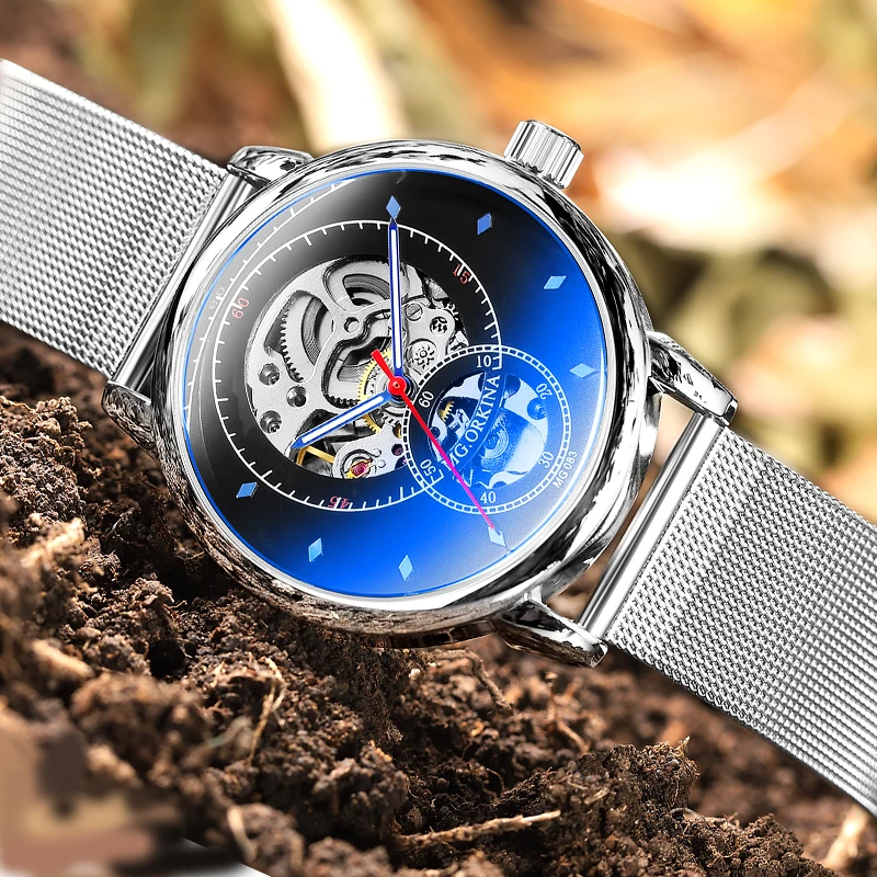 FORSINING Orologio Uomo Automatico Scheletrato Steampunk - Quadrato Blu E Oro