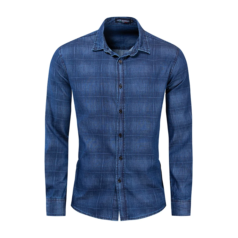

Men's Shirt New Denim Plaid Shirt Men's Cotton Casual Long Sleeve Shirt Europe and America Large Size Long Sleeve Shirt