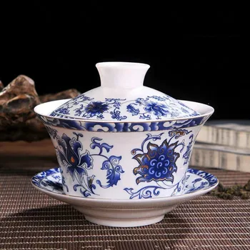 

JingDeZhen Blue and White Porcelain Teacup Chinese Sancai GaiWan Ceramic Tea Tureen Tea Cup and Saucer Set