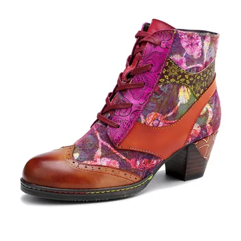 

Genuine Leather Women Boots Vintage Bohemian Ankle Boots Women Shoes Low 5CM Thick Heel Ladies Shoes Woman Printing Flower