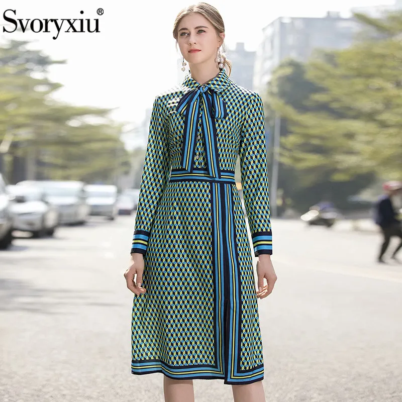 

Svoryxiu Runway Designer Spring Summer Split Dress Women's Elegant Long Sleeve Geometric Plaid Print Fashion Dresses 2020