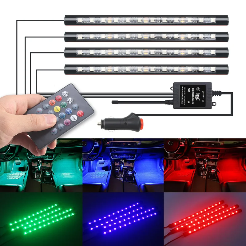  4PCS Car LED Strips Decorative Lamps Flexible RGB Phone APP RF Remote Controller LED Interior Light - 33001479135