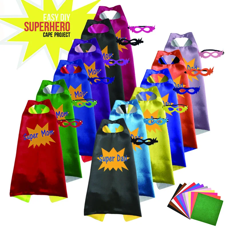 

2019 DIY Felt Kids Superhero Capes Double Sides Satin Fabric Super Hero cape+mask Party Supplie Children Birthday Party Cosplay