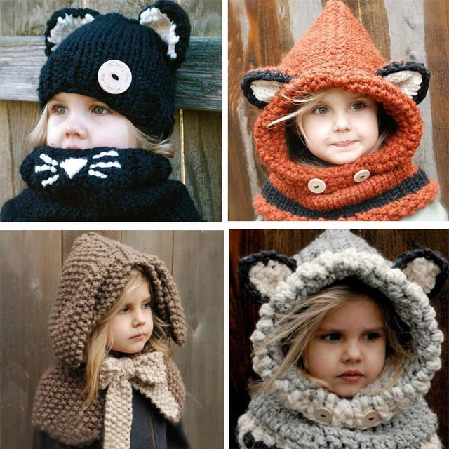 Gorro de punto de ganchillo niños, gorro de invierno con dibujos de animales, orejeras, capucha, bufanda, Calavera Mobile