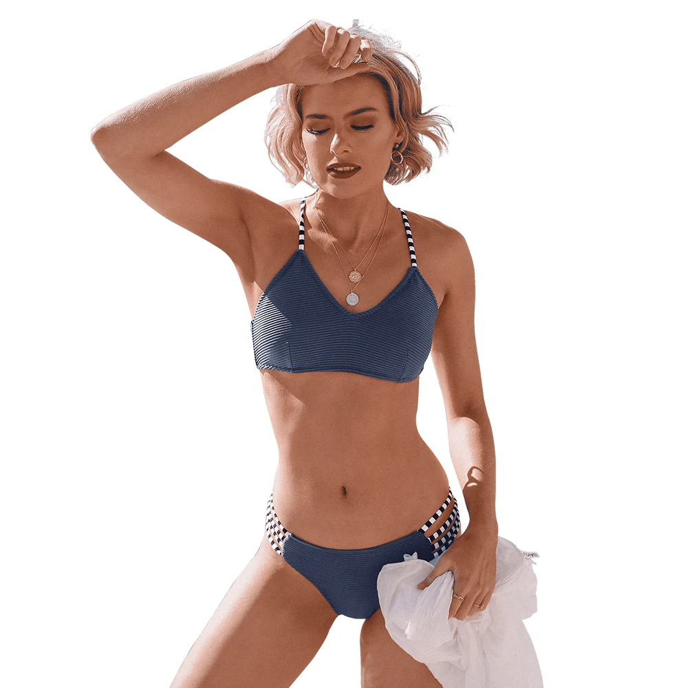 SEASELFIE Sexy Low-waist Bikinis Set Swimwear Women Swimsuits Bathing Suit Biquini Navy Blue Ribbed and Strappy Beachwear Bikini