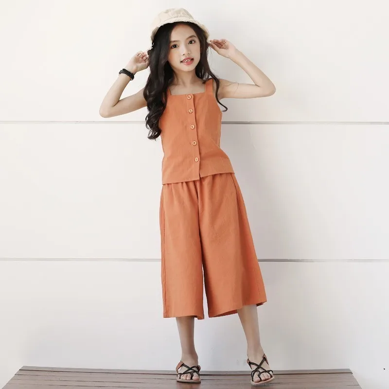

Spring Summer Toddler Teen Girls 2 Pieces Clothing Sets 2019 Cotton Vest Shirt And Loose Pants Children Clothes Set
