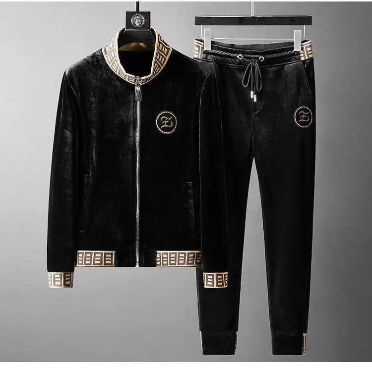 

Autumn and winter net red social guys same style suit for men's trend handsome gold velvet embroidery fashion leisure two piece