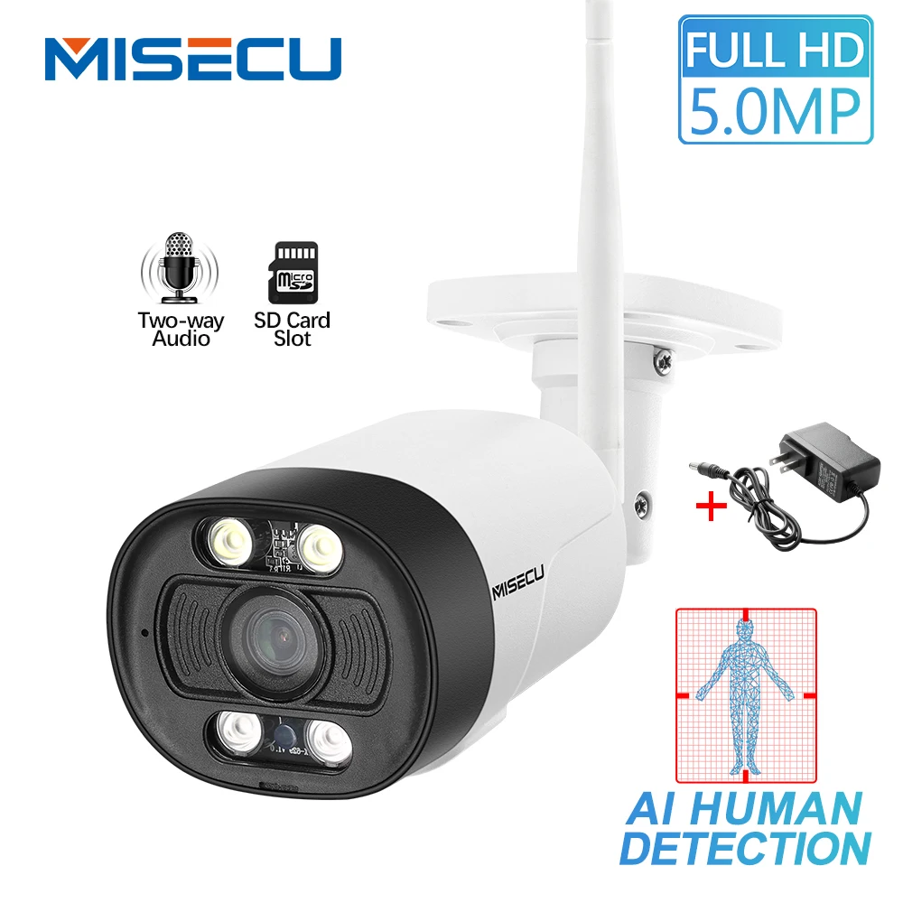 

MISECU Super HD 5MP H.265 WiFi IP Camera AI Human Detection Two way Audio Outdoor Waterproof Security Camera Free Power Adapter
