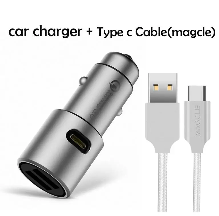 Оригинальное автомобильное зарядное устройство xiaomi QC3.0, 5 В/3 А, двойное быстрое зарядное устройство USB, 9 В/2 А, 12 В/1,5 А, автомобильное зарядное устройство mi Quick+ кабель 2A Magcle - Цвет: Charger with Type c