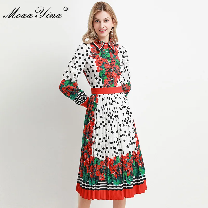 MoaaYina, модное дизайнерское платье, весна-осень, женское платье с длинным рукавом, с бисером, в горошек, с цветочным принтом, плиссированные платья