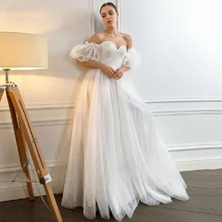 Off The Shoulder Tulle Wedding Dress 2022 Short Puff Sleeves Sequins Lace Appliques Beach Bride Gown Vestidos De Novia